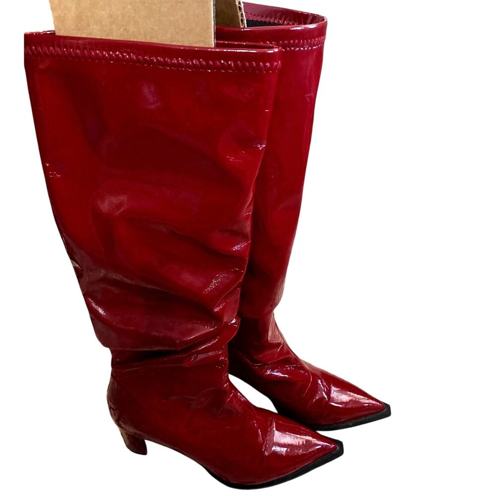 Red Patent Vinyl Pointed Toe Slouch Knee High Heel Boots Size 10 (EU 42)
